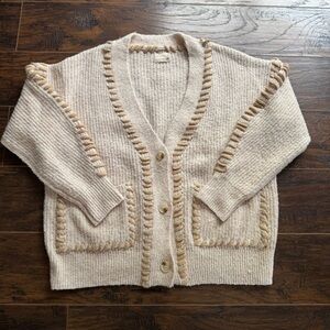 Cozy Beige Knit Cardigan with Braided Trim Women's Size S/M